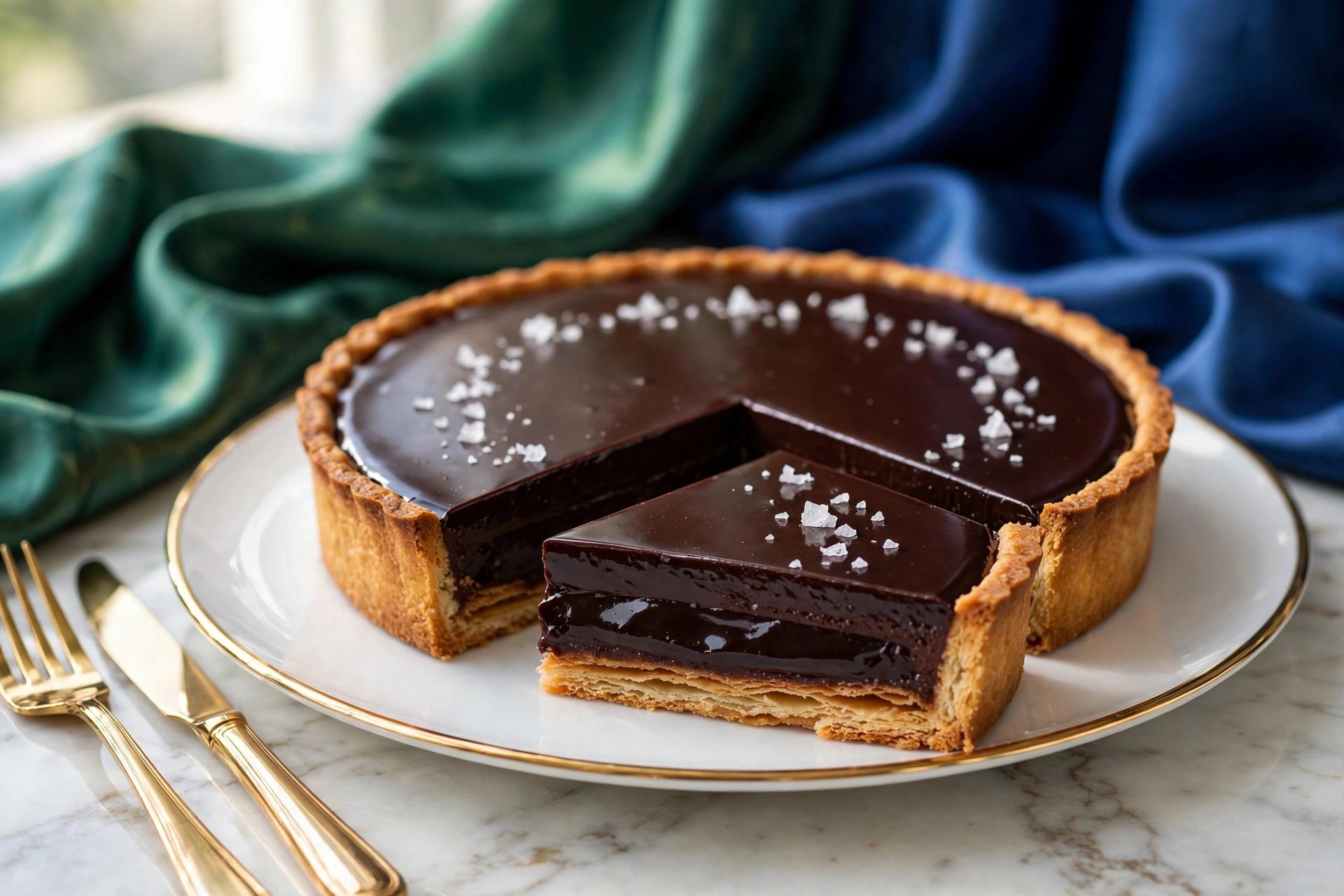 Dark chocolate tart finished with flakes of sea salt