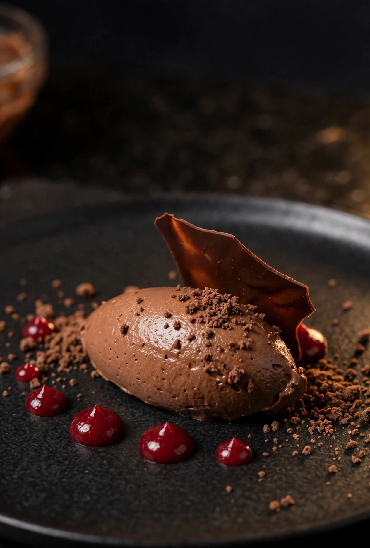 Eggless gelatin-free gourmet chocolate mousse plated with chocolate crumble and berry gel