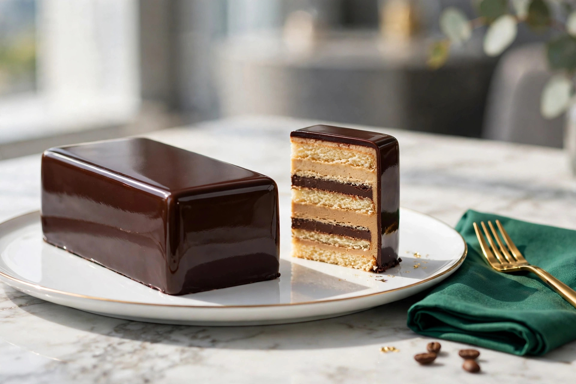 Glossy layered opera cake with a cleanly cut slice
